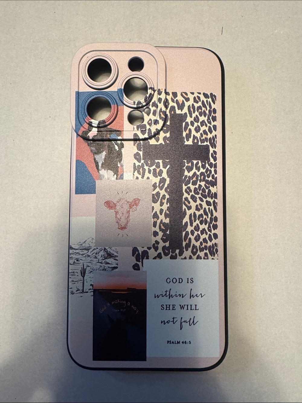 Pink Cross & Leopard iPhone 15 Pro Max Case with Inspirational Quote